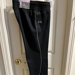NWT Under Armour Loose Fit Fleece Pants, Flare Leg, Black w Pale Pink Sz L